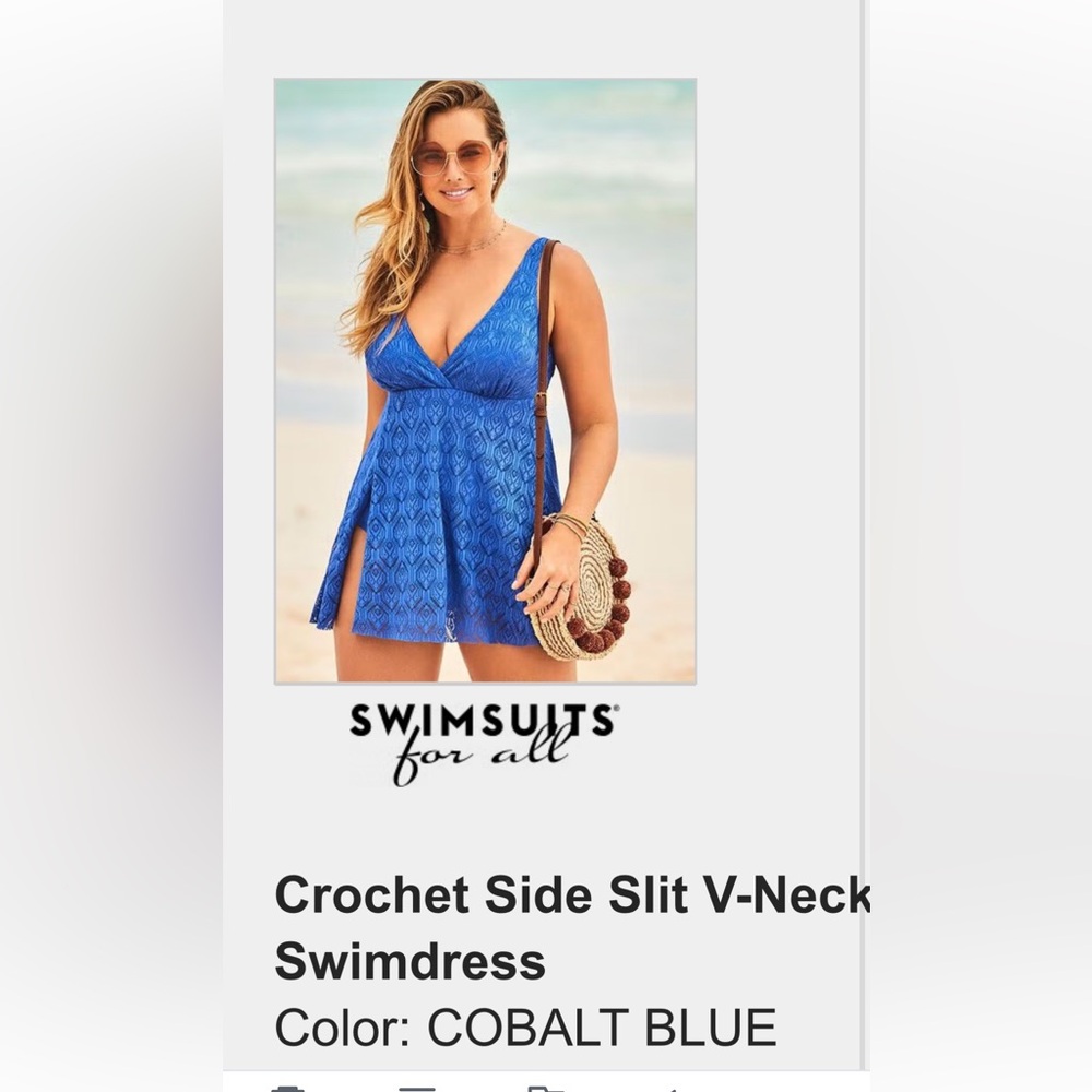 Swimsuits For All Cobalt Blue Crochet V-Neck Side-Slit Swimdress